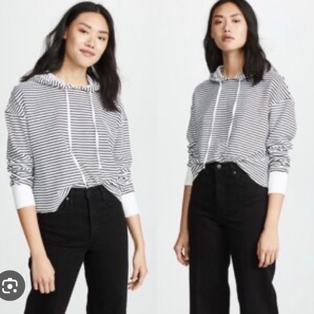 AYR Women’s Cotton Blend Black White Stripe Terry Foam Hoodie Top Small